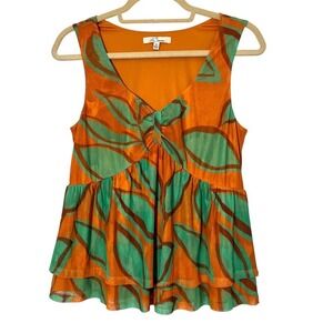Les Serein Baby Doll Top Womens M Orange Mesh Sleeveless Peplum Tropical Fairy